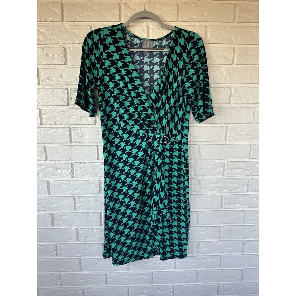 Rabbit Rabbit Rabbit Designs Green Black Houndstooth Wrap Dress Womens 10